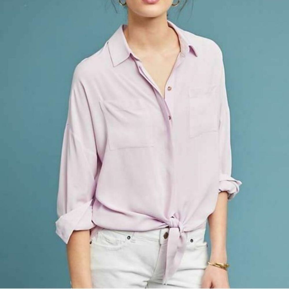 Anthropologie ‎ Maeve Sandbridge Lavander Front Tie Button Down Blouse Top shirt